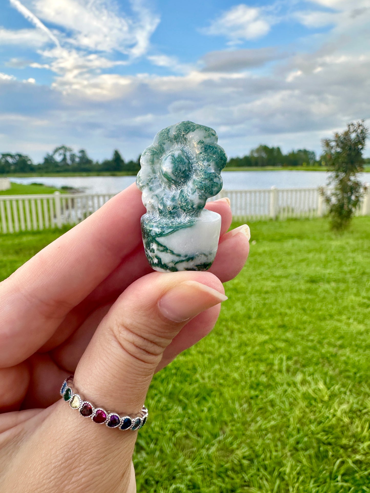 Moss Agate Flower Plant Carving, Handcrafted Moss Agate Crystal Plant, Healing Moss Agate Flower Sculpture, Nature-Inspired Crystal Decor, Feng Shui Moss Agate Decor